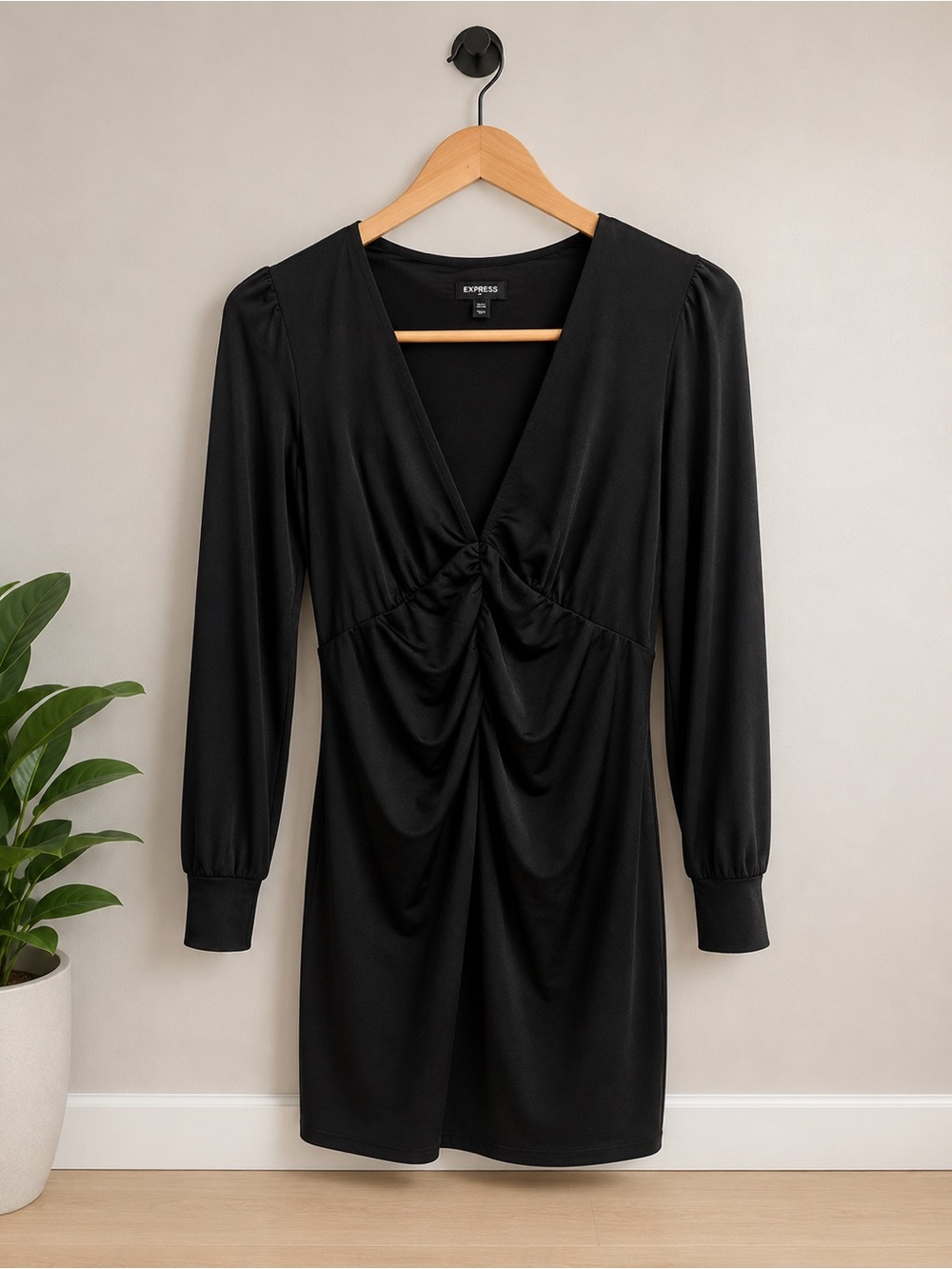 Express Black Long Sleeve V-Neck Draped Waist Dress